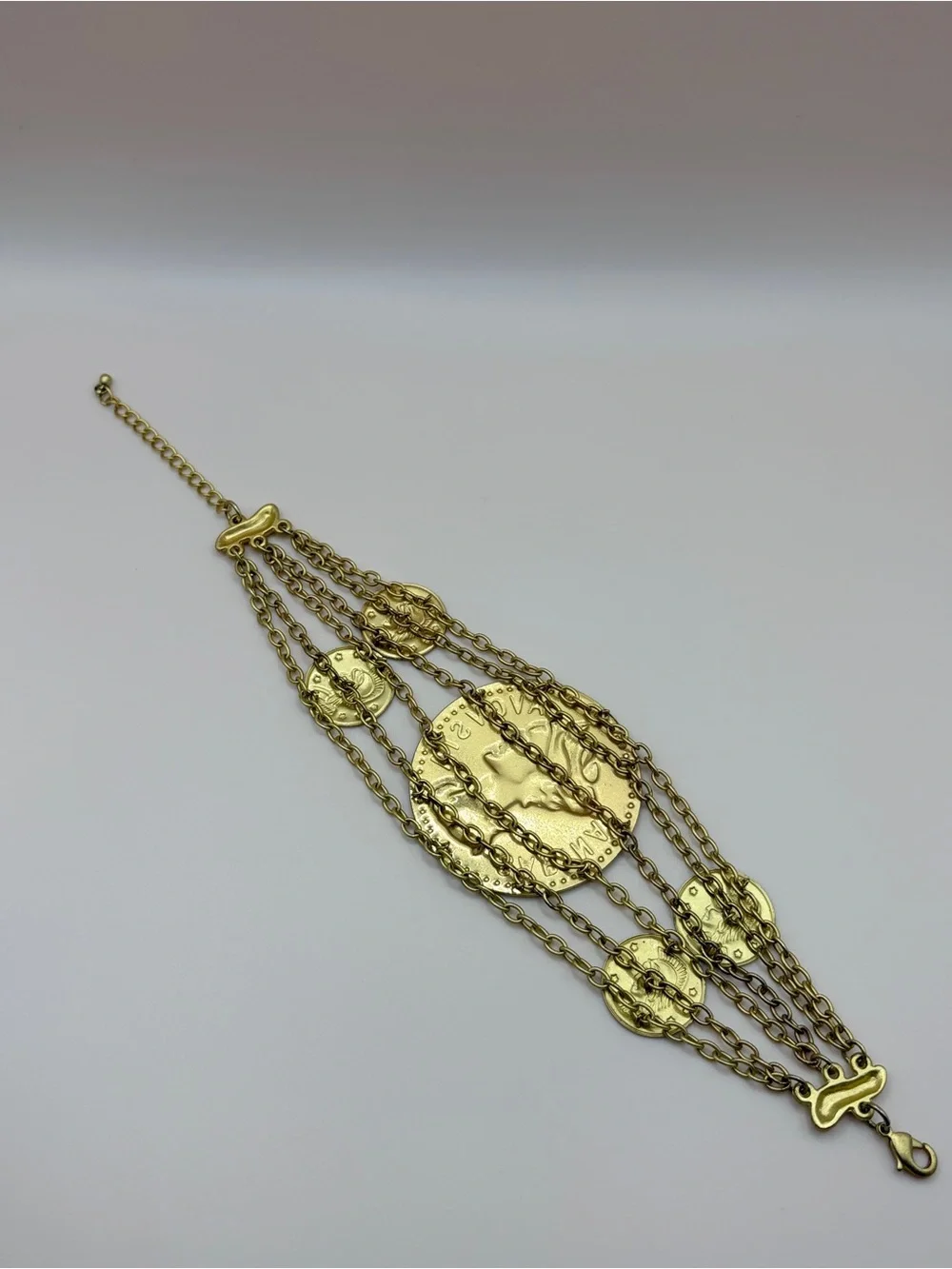 Bold Gold Tone Sabina Augusta Costume Coin Statement Bracelet